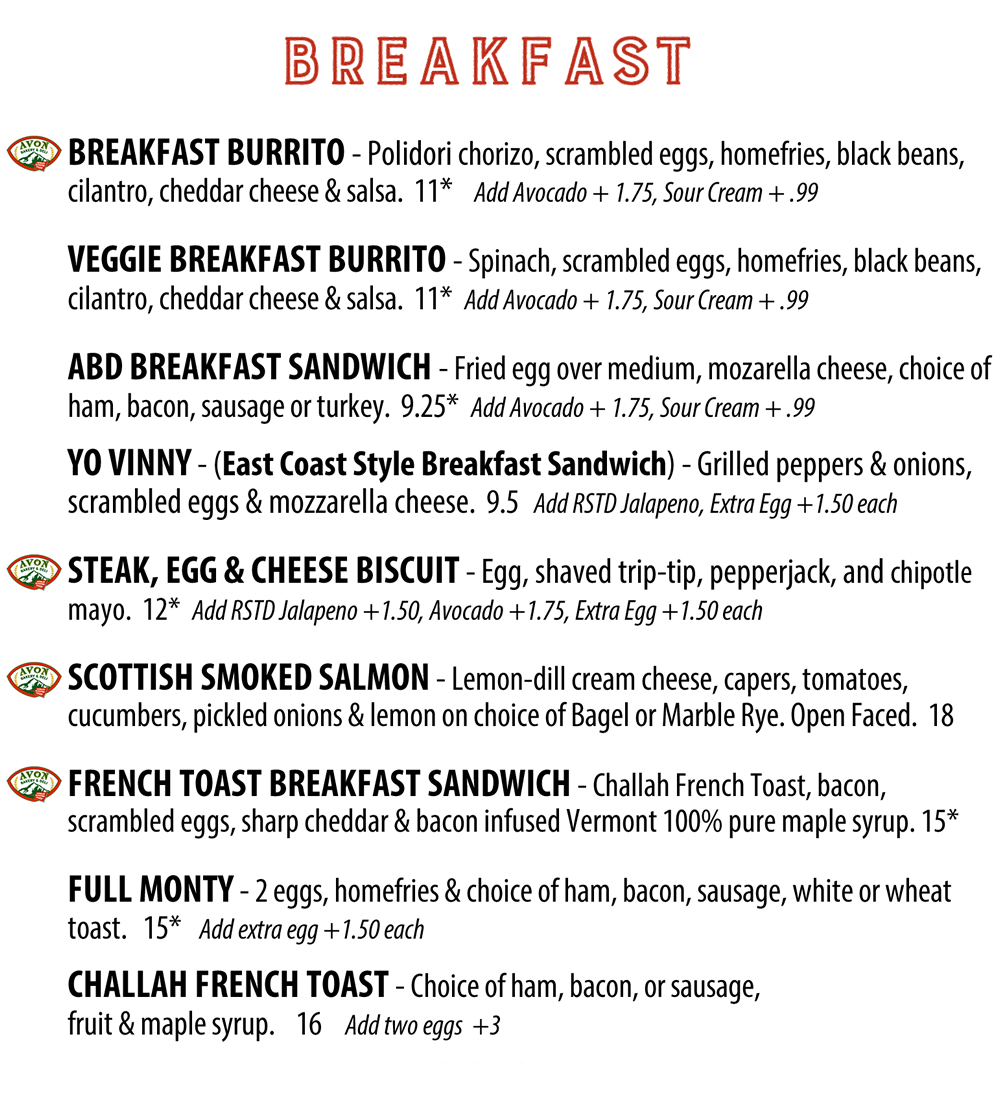 Avon Bakery Breakfast Menu Items