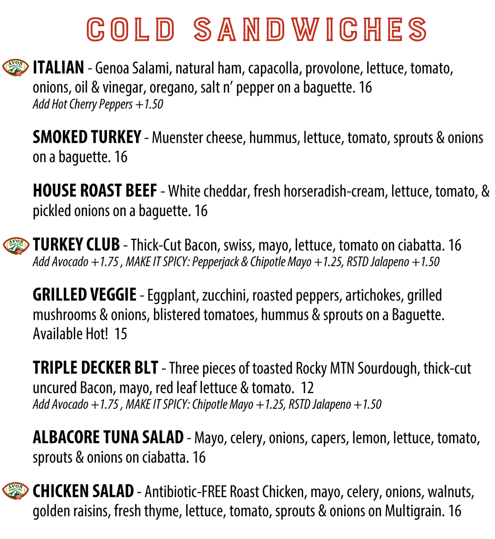 Avon Bakery lunch Items