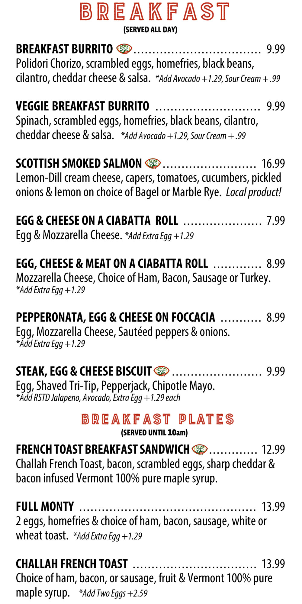 Avon Bakery & Deli Breakfast Menu