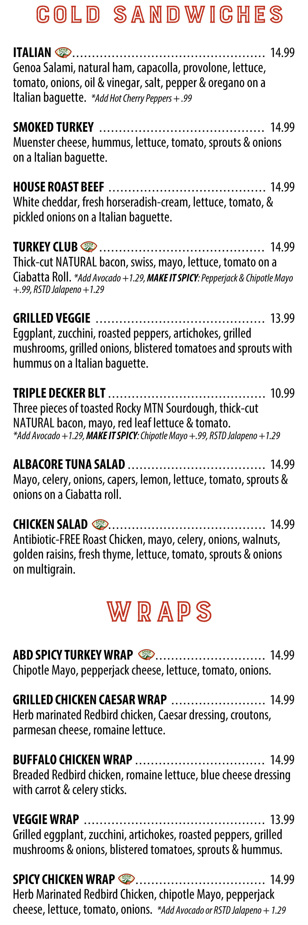 Avon Bakery & Deli Lunch Menu