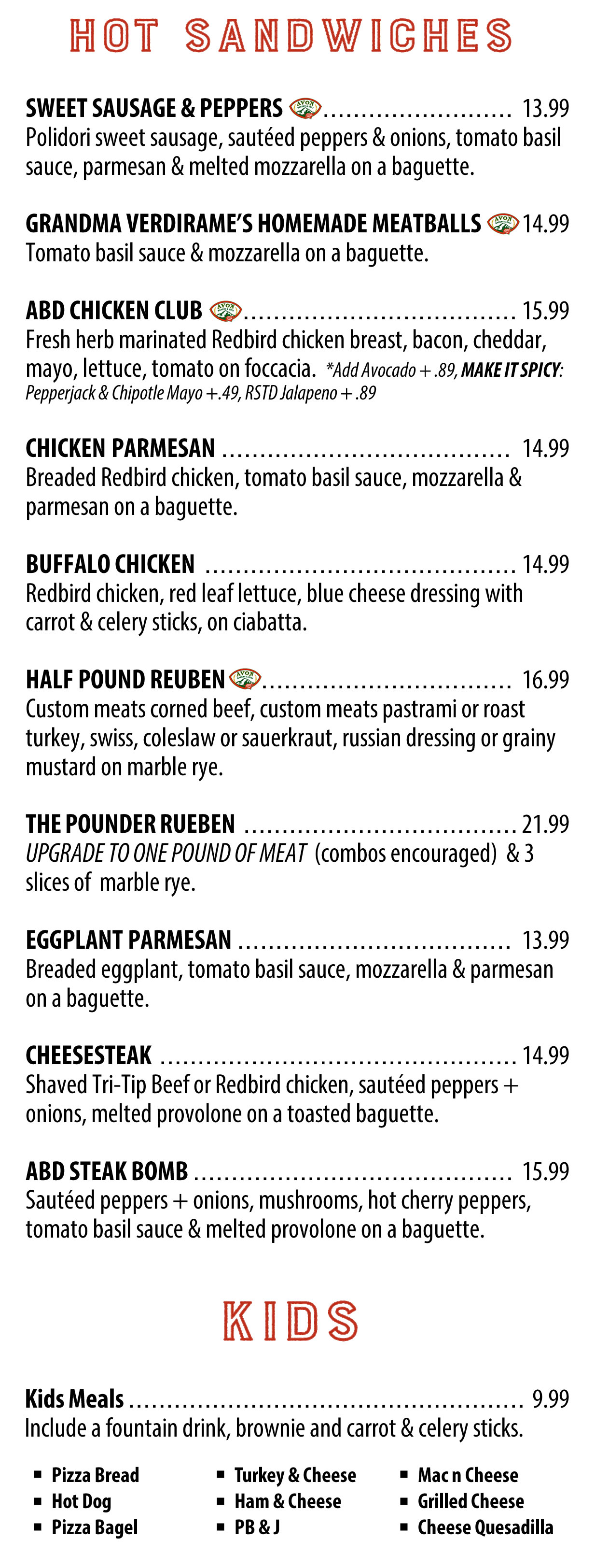 Avon Bakery & Deli Lunch Menu