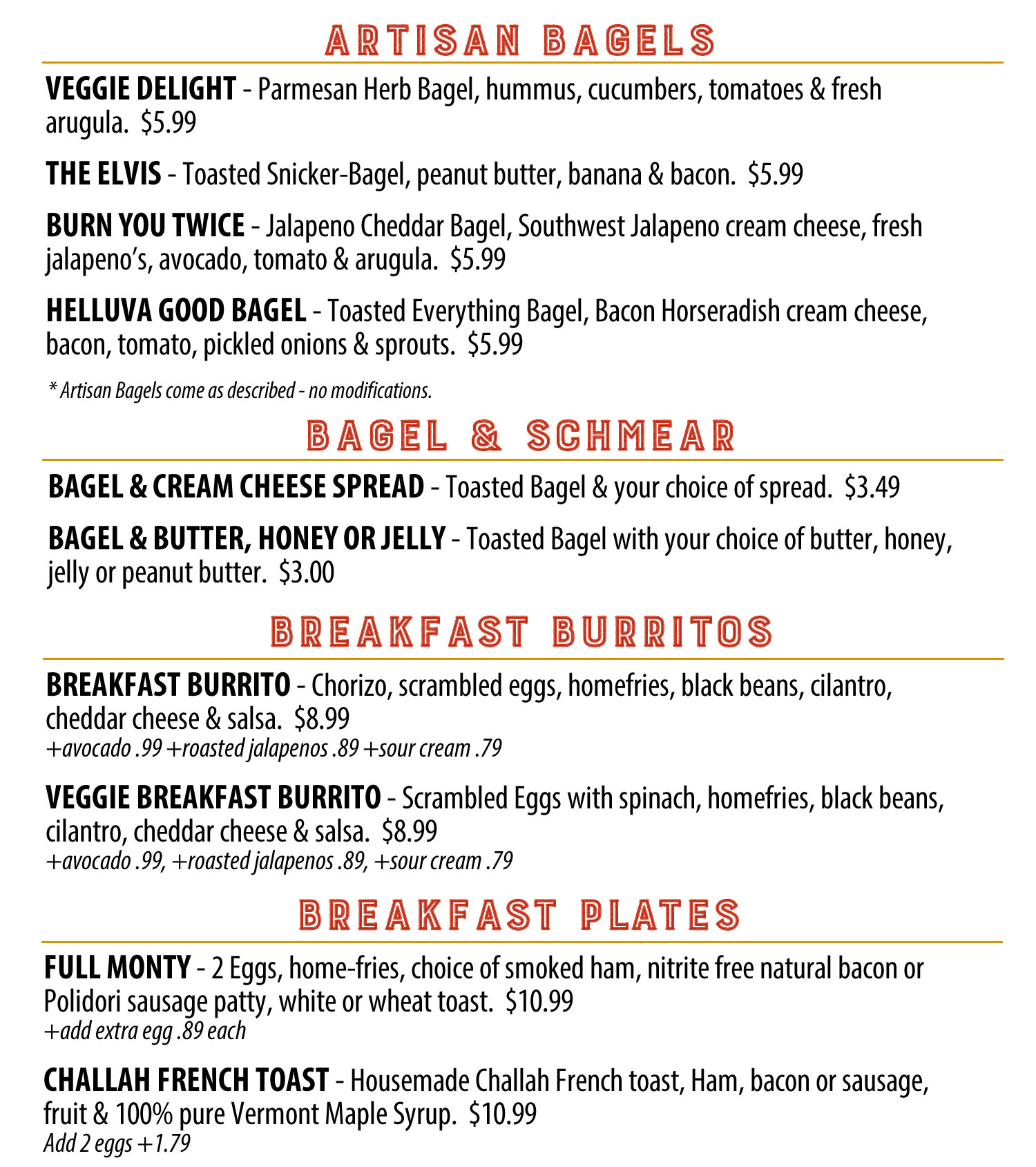 Avon Bakery & Deli Breakfast Menu