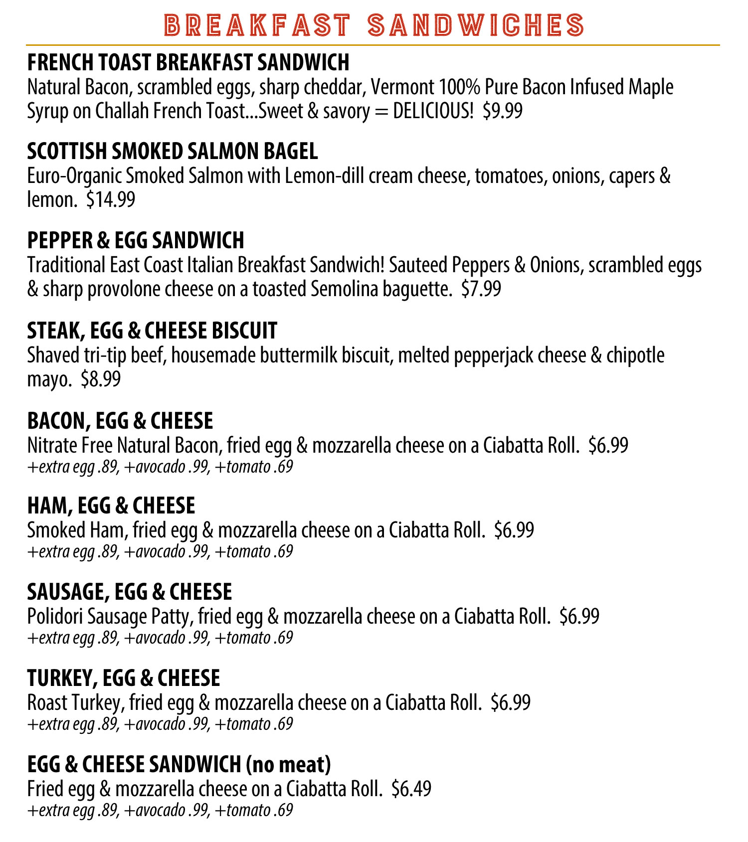 Avon Bakery & Deli Breakfast Menu