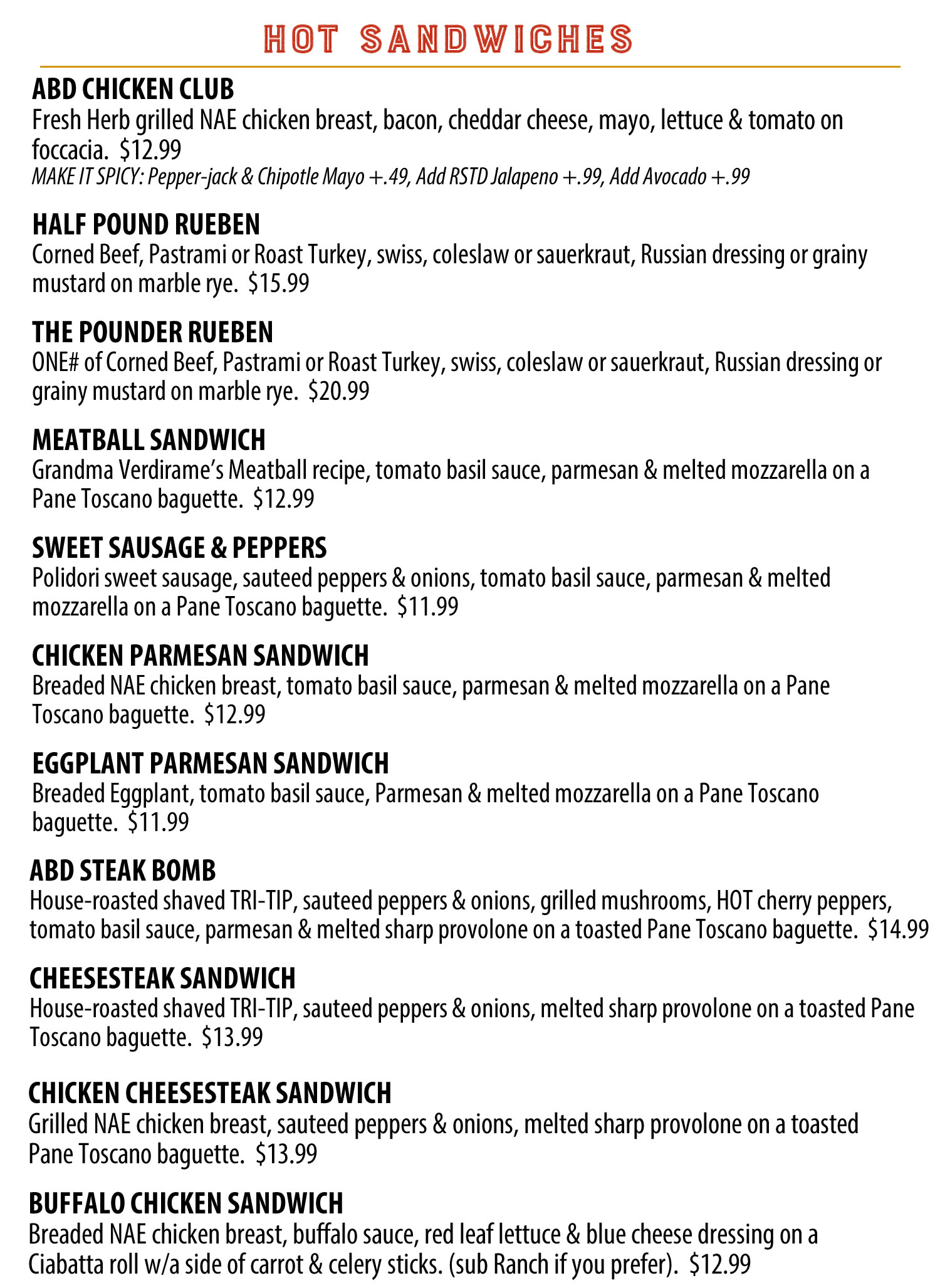 Avon Bakery & Deli Lunch Menu